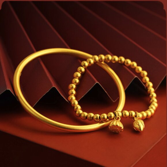 ✨ NEW Gold Tone Stackable Bangle & Beaded Bracelet Set | Lotus Charm Jewelry - Picture 3 of 4
